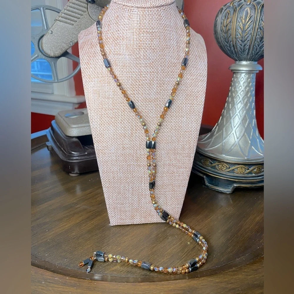 Vintage Amber Glass and Magnetite Magnetic Necklace 38 inches long